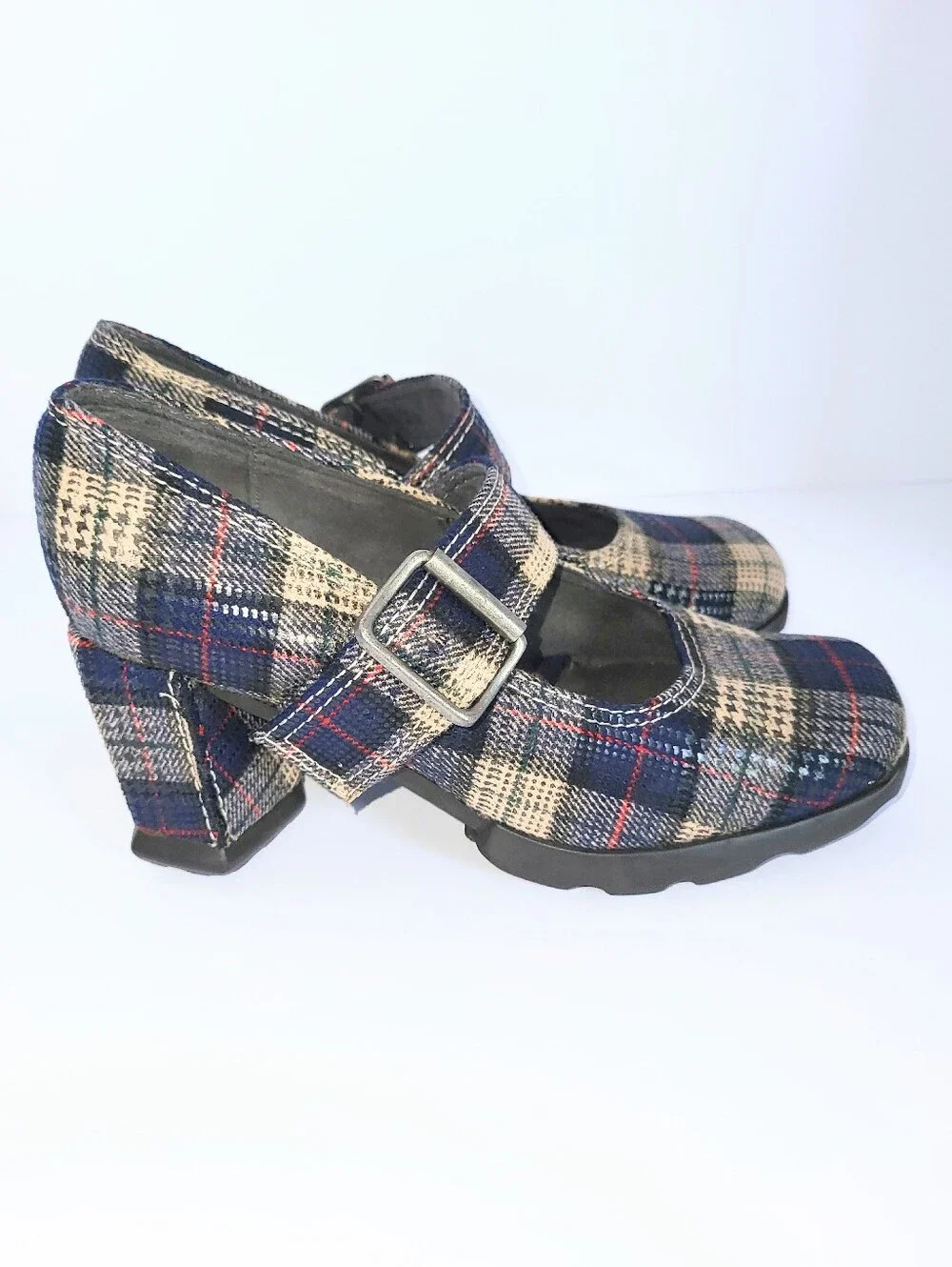 John Fluevog Benatar Blue Plaid Geometric Chunky Heel Mary Janes Size 7